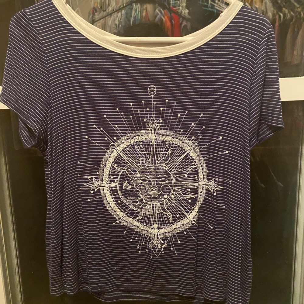 Pin stripped black and white sun and moon T-shirt